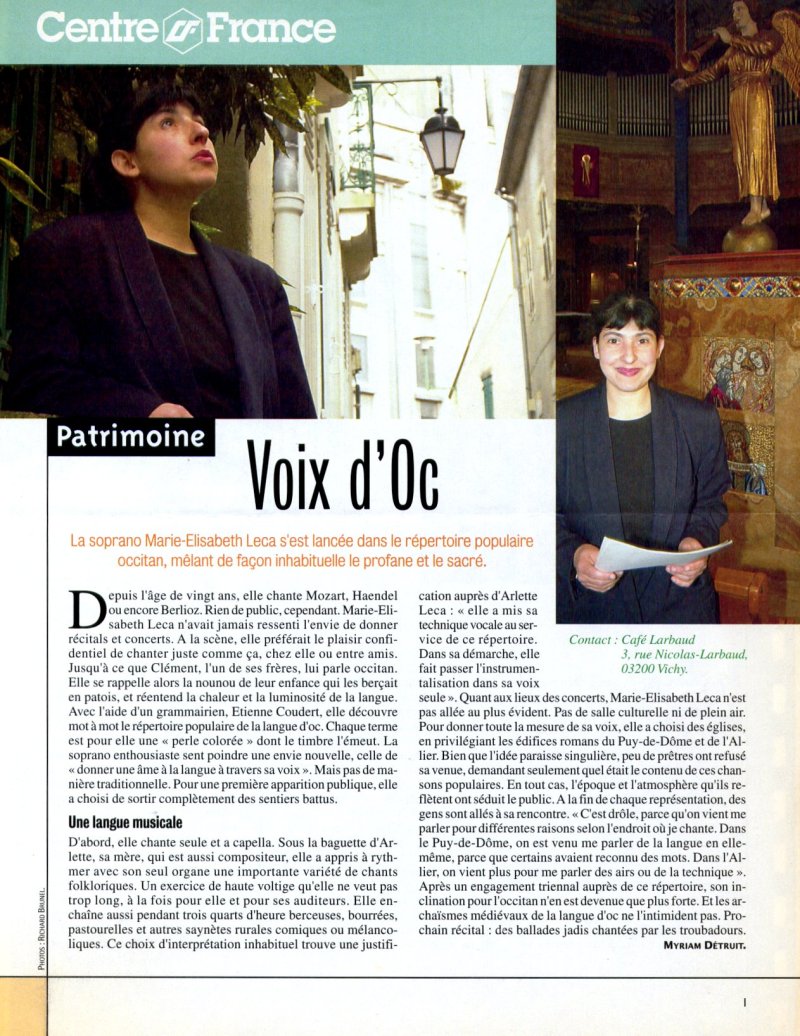Voix d'oc - Un article de Femina sur Marie-Elisabeth Leca